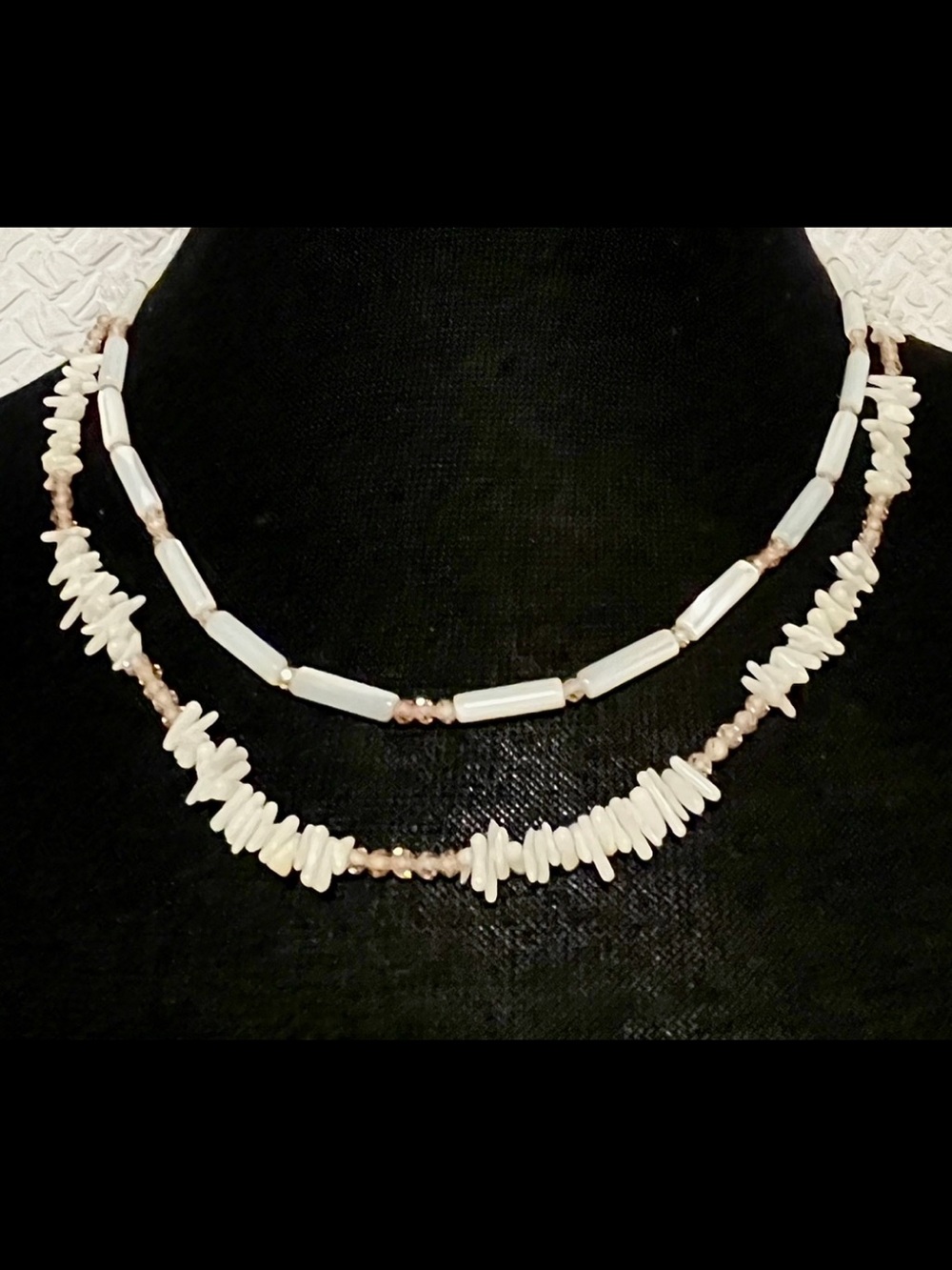 Classic White Shell and White Coral  Double Necklace sterling silver clasp.
